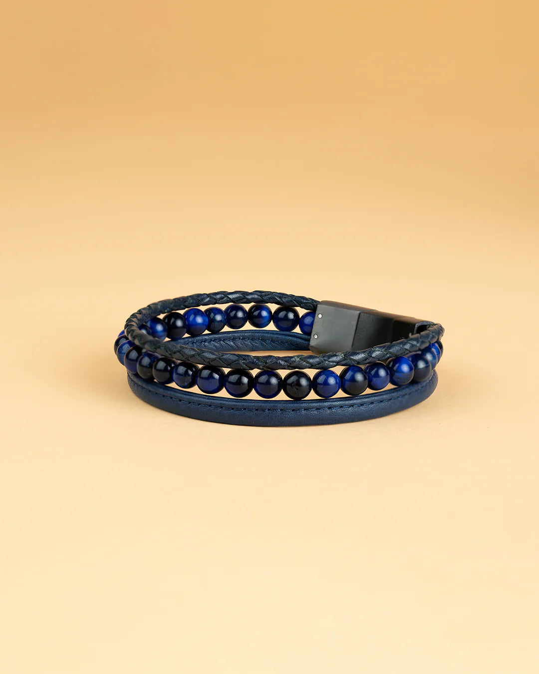 Bracelet Triple Cuir & Pierre d'Œil de Tigre Bleu
