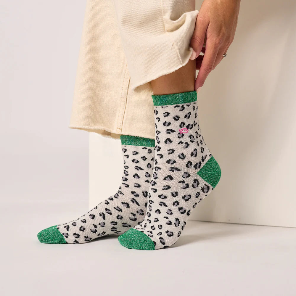 Leopard print combed cotton glitter socks - White and green