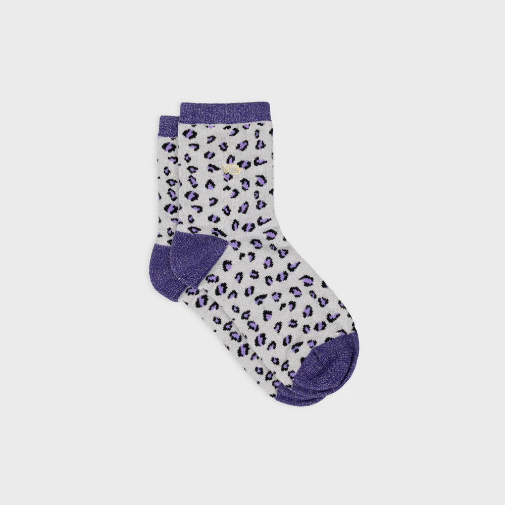 Leopard print combed cotton glitter socks - Ecru and purple