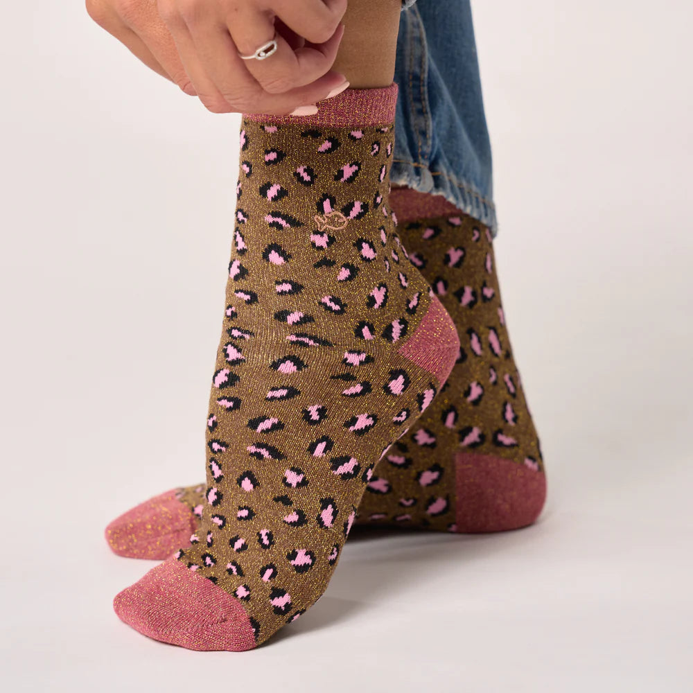 Leopard print glitter socks in combed cotton - Brown and pink
