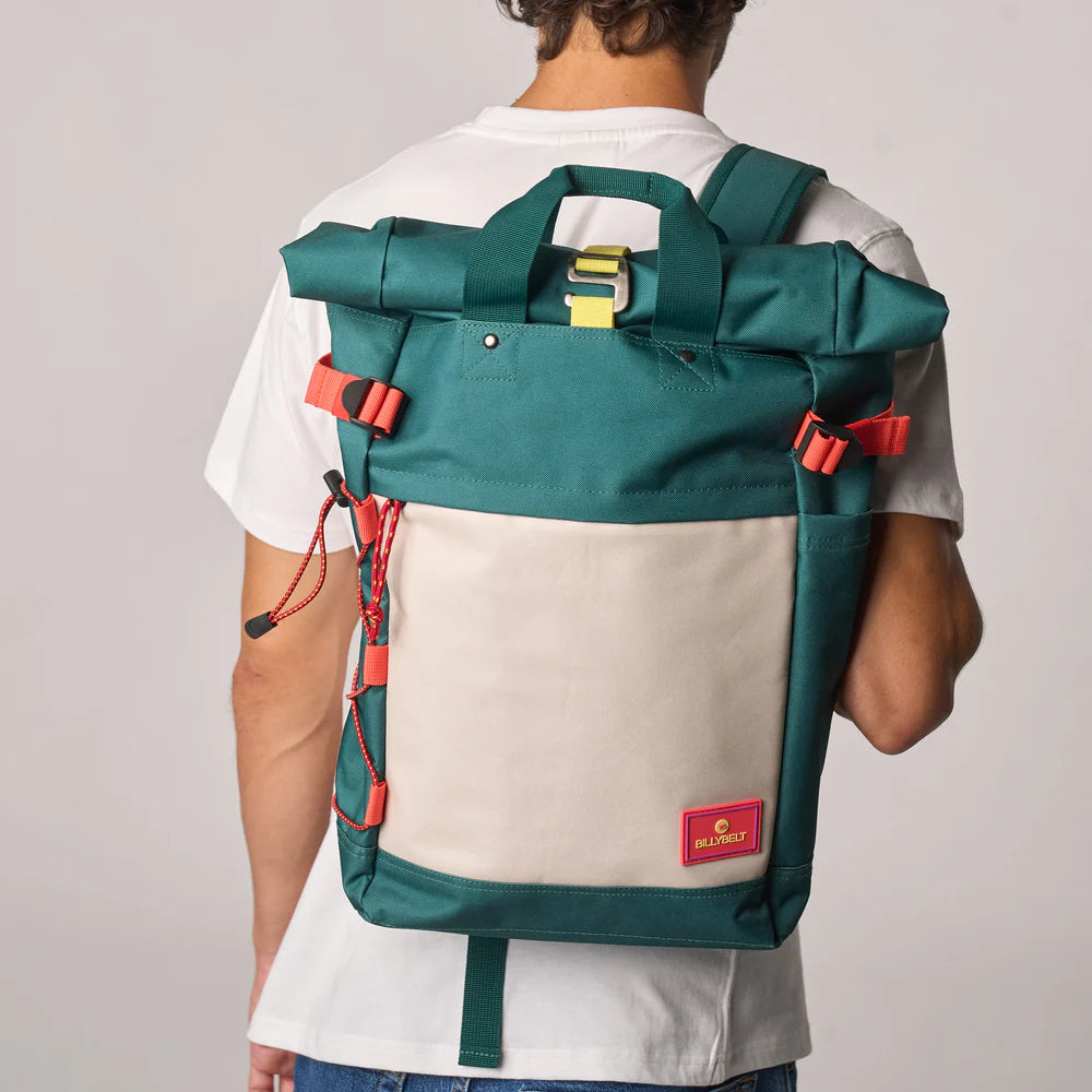 Roll-top backpack made from 100% recycled polyester - Green and ivory