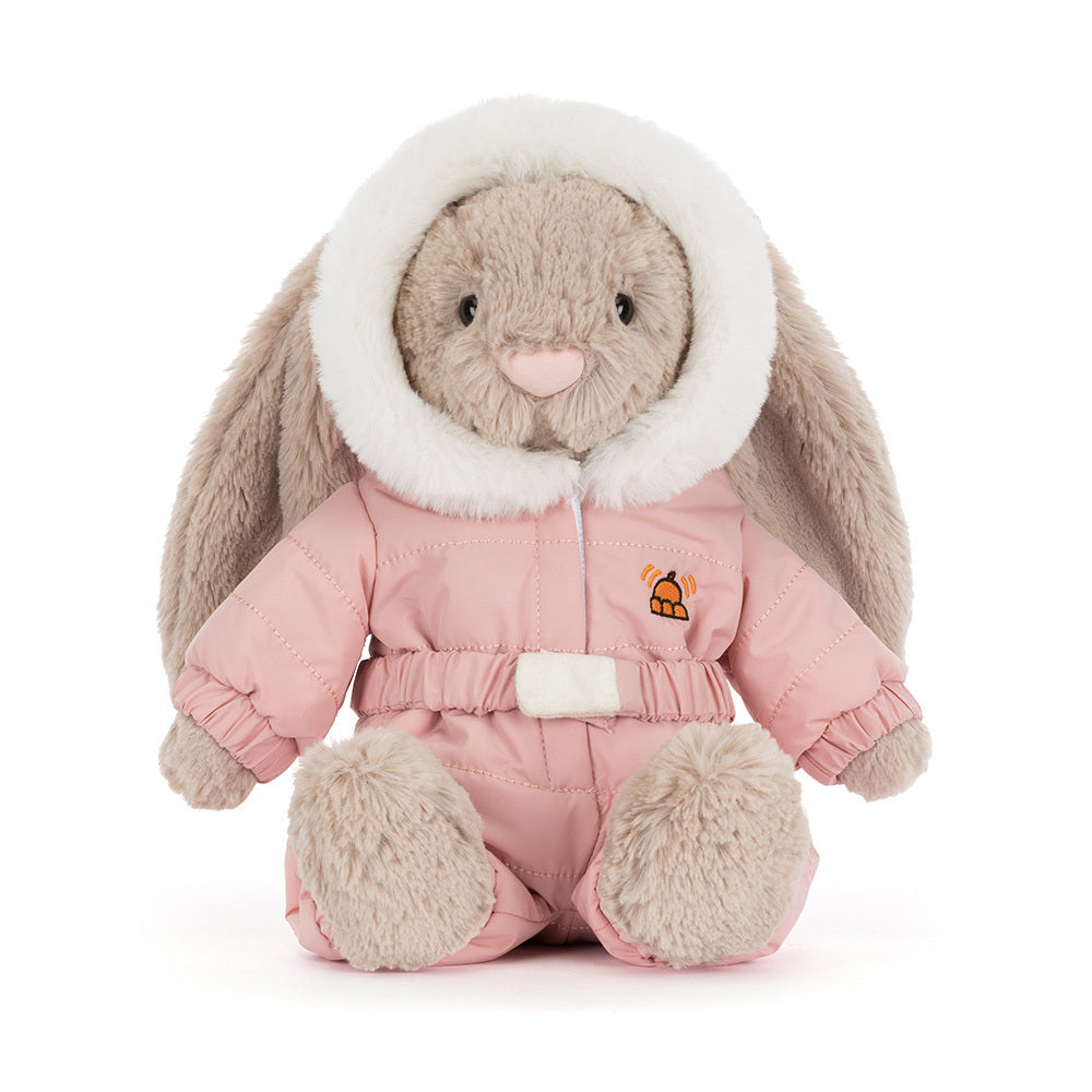 Peluche Jellycat Bashful Bunny Snow Suit en combinaison rose avec capuche blanche, lapin d’hiver tout doux prêt pour la neige – collection Jellycat 2025.