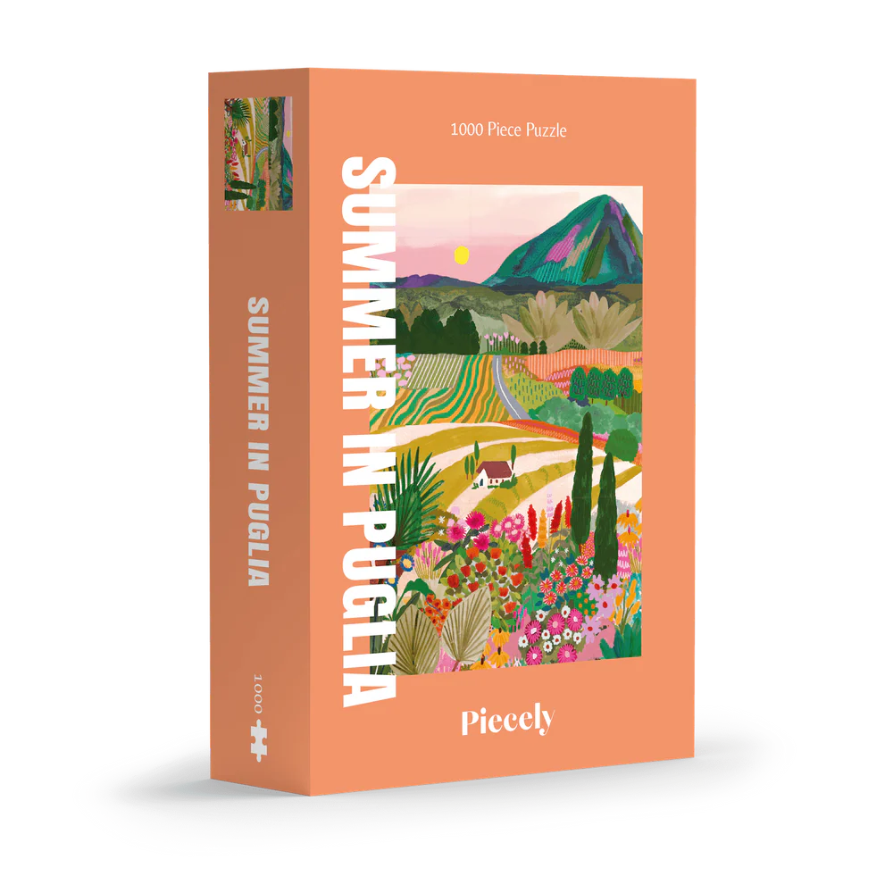 Boîte de puzzle 1000 pièces illustré paysage méditerranéen coloré, champs et collines sous le soleil, design artistique.