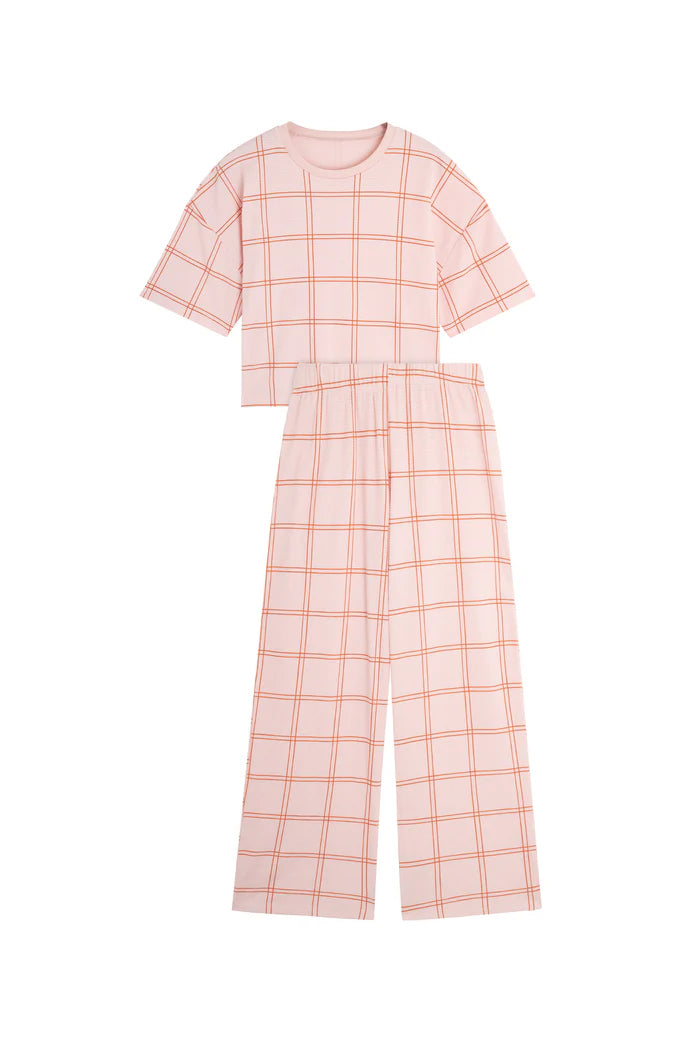 Pyjama long en coton Gaufré carreaux oranges