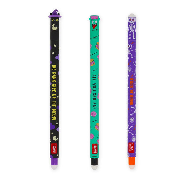 Stylos Gel Effaçables Halloween - Lot De 3 (noir, Rouge, Violet) - 0.7 Mm - Motifs Sorcière Et Chauve-souris - 9