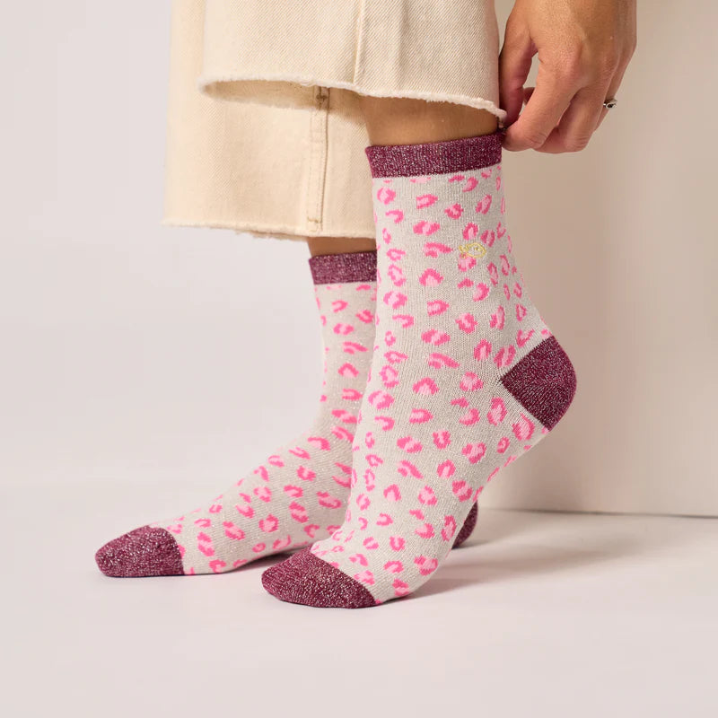 Leopard print combed cotton glitter socks - White and burgundy