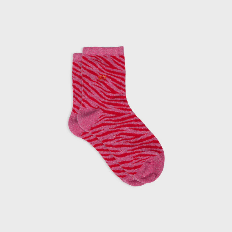 Zebra print glitter socks in combed cotton - Pink and red