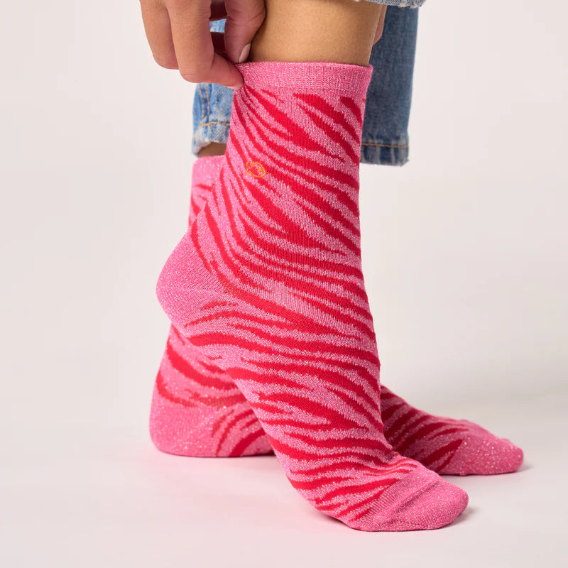 Zebra print glitter socks in combed cotton - Pink and red