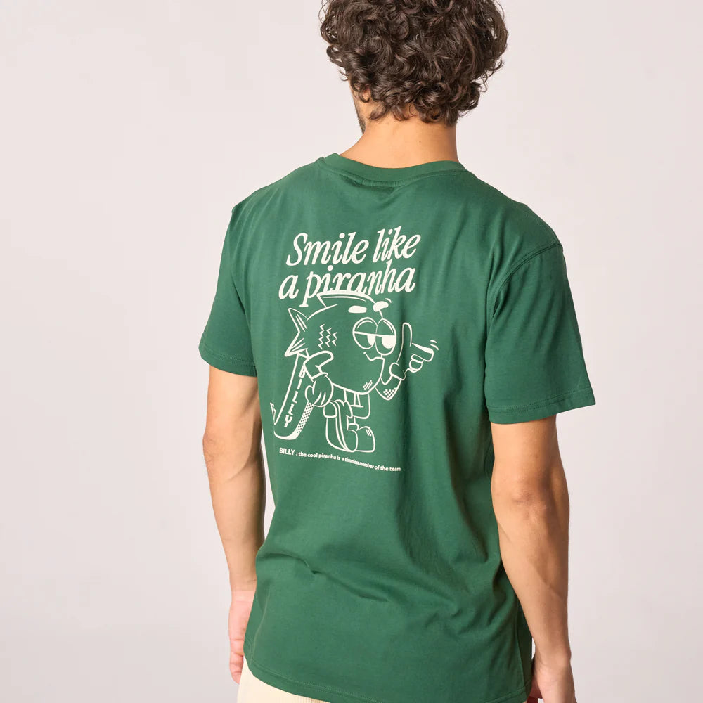 T-shirt en 100% coton bio BILLY - Vert imprimé "Smile Like a Piranha"