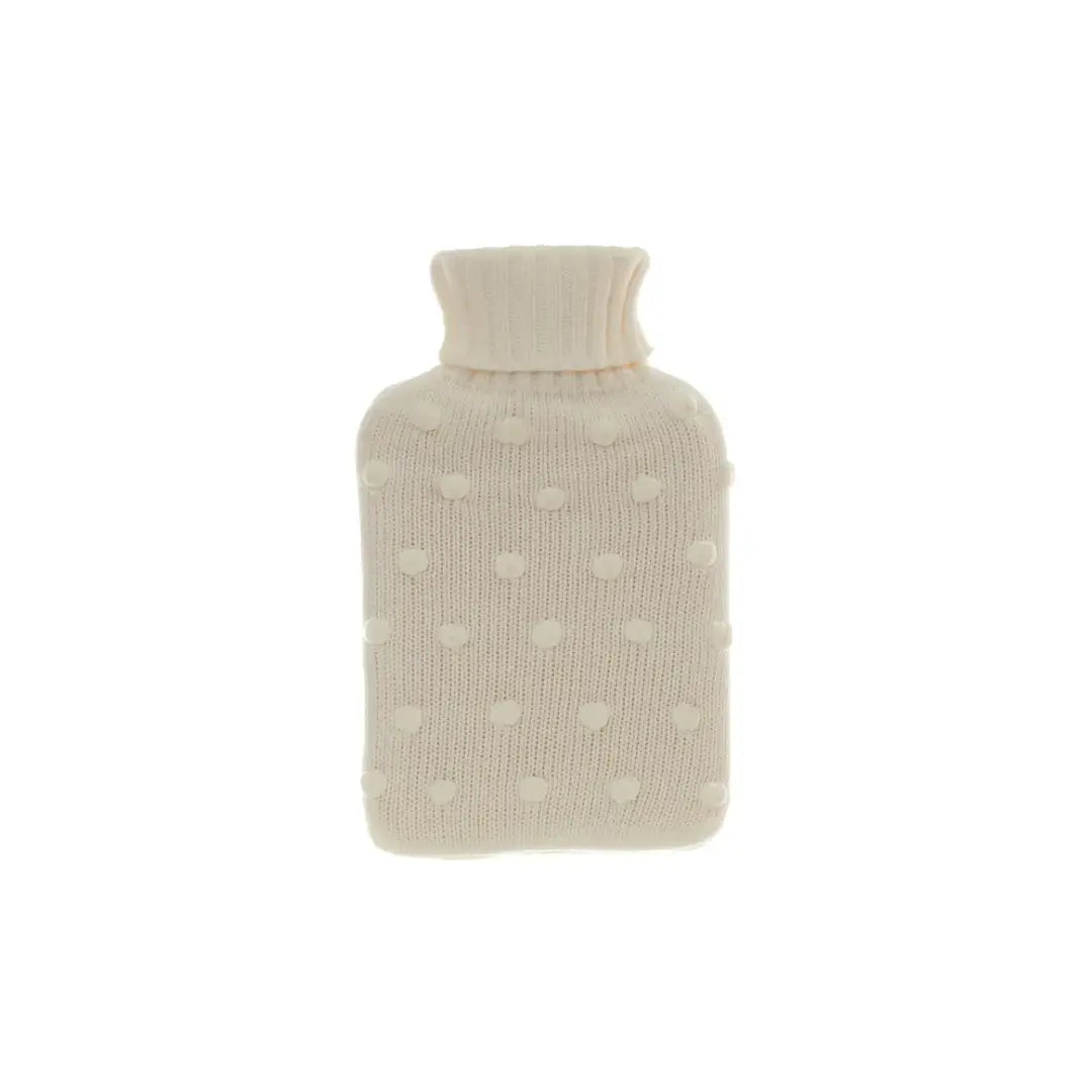 Knitted hot water bottle with pom-poms