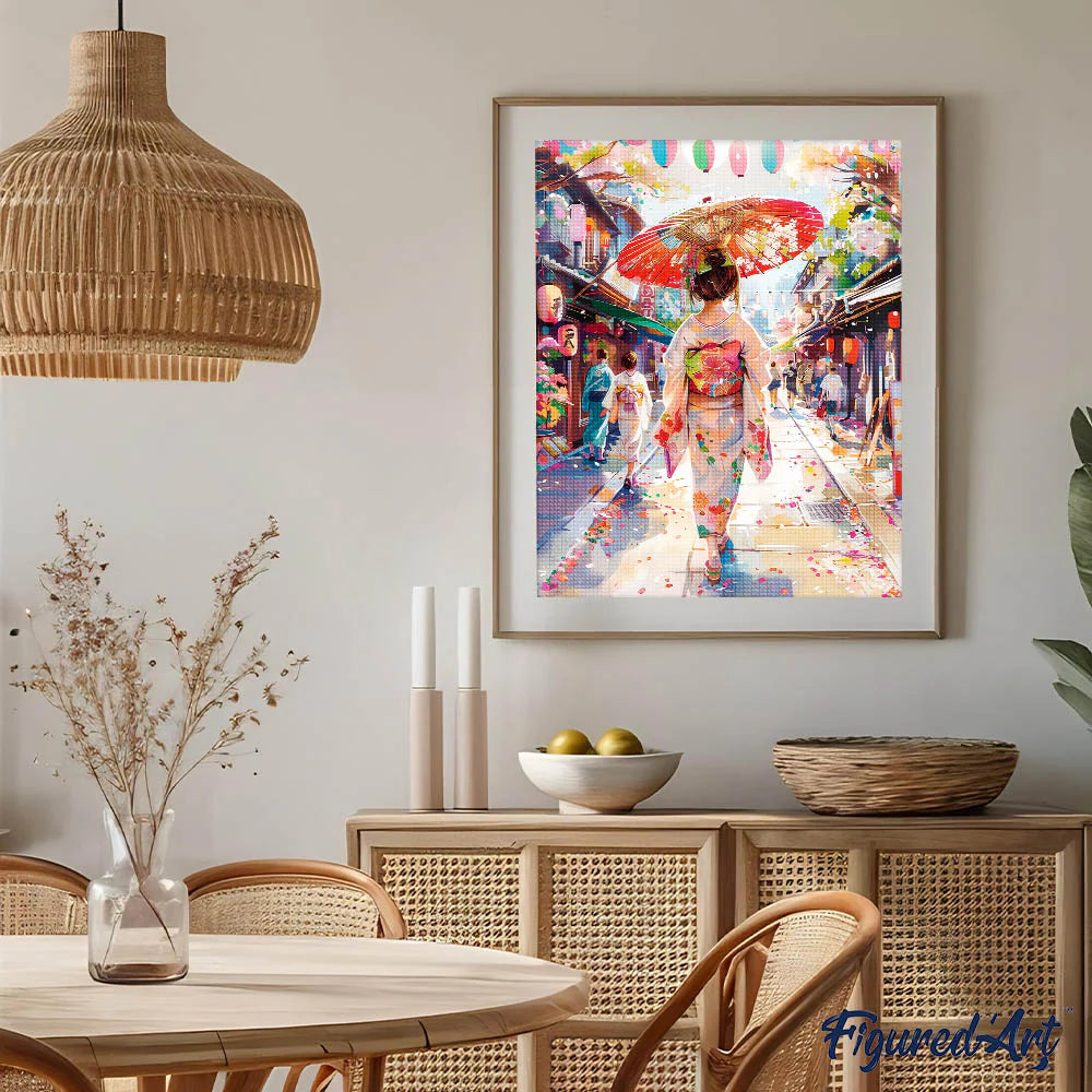 Diamond Painting - Vrouw in Yukata in een Drukke Straat 40x50cm