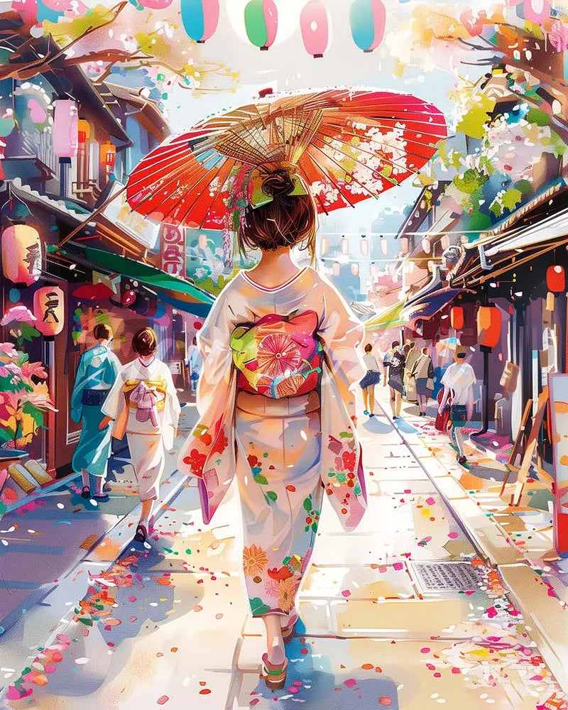 Diamond Painting - Vrouw in Yukata in een Drukke Straat 40x50cm
