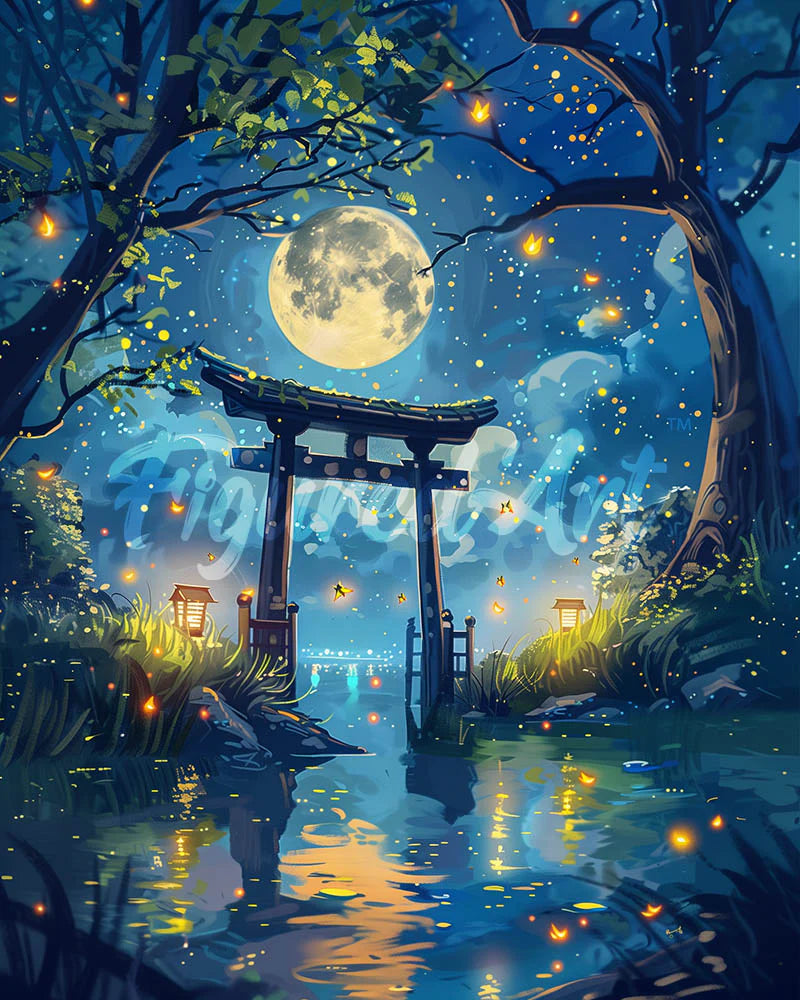 Diamond Painting - Torii bij Maanlicht en Vuurvliegjes 40x50cm