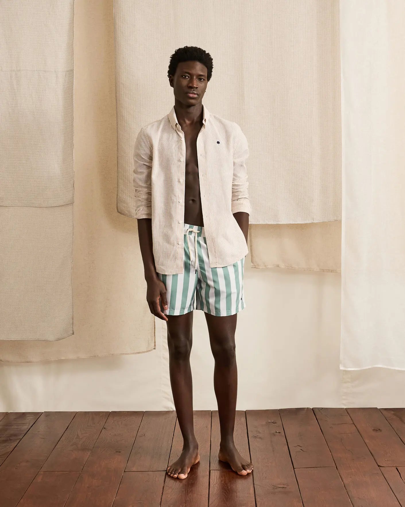 Short de bain Mimizan écru Ligné Vert