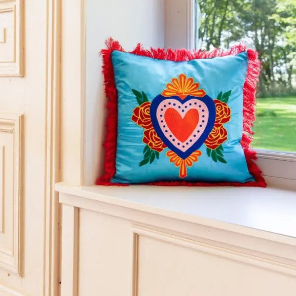 Coussin Milagro Cœur Bleu Clair à Franges