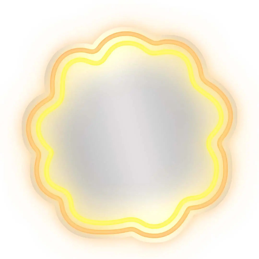 Decoratieve neonspiegel met oranje en gele LED-golfverlichting.