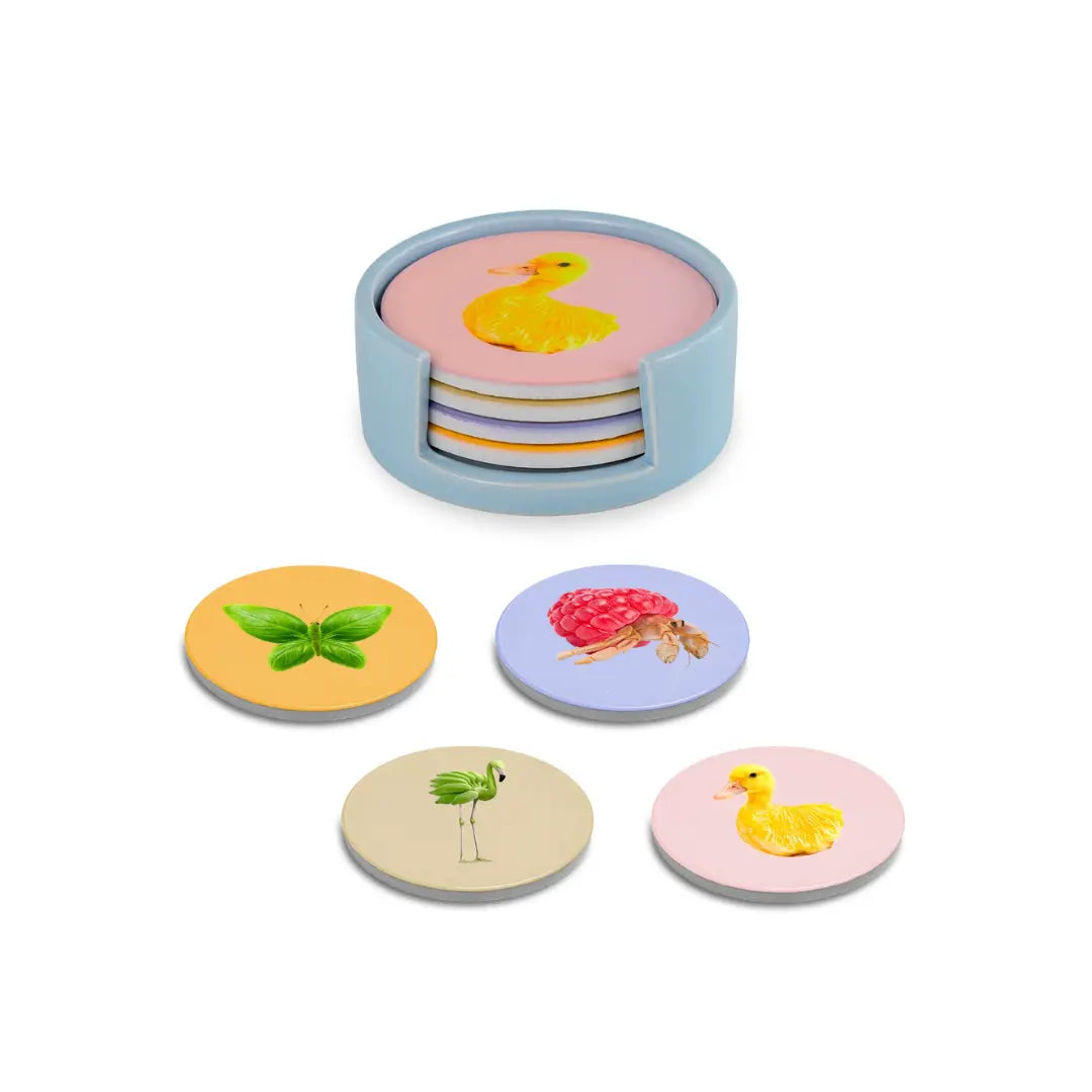 Set van 4 onderzetters: Basilicum, Framboos, Citroen en Banaan