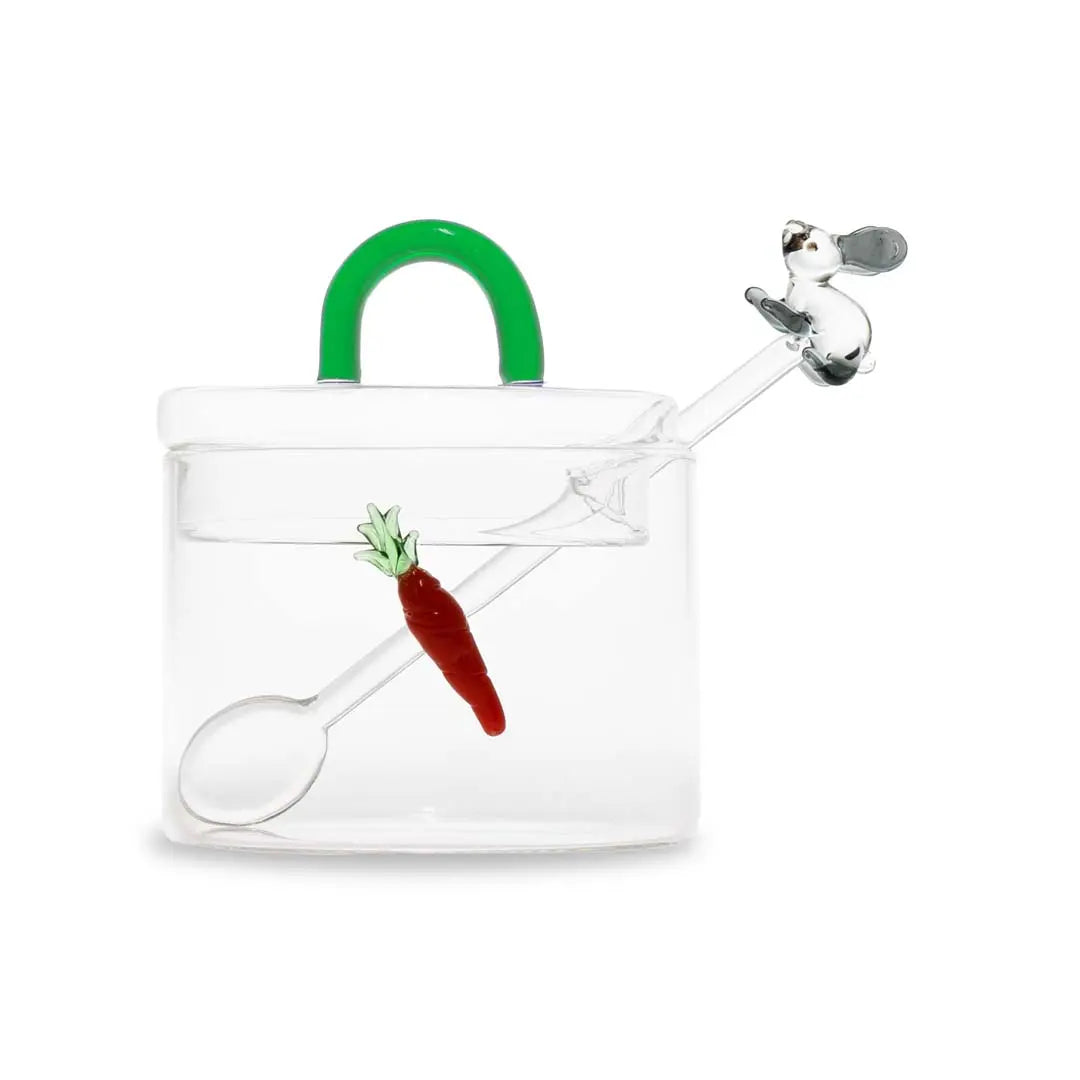 Suikerpot van borosilicaatglas met theelepel - Konijn en wortel