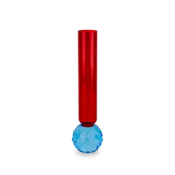 Vase en verre avec base effet diamant - Bleu clair et rouge