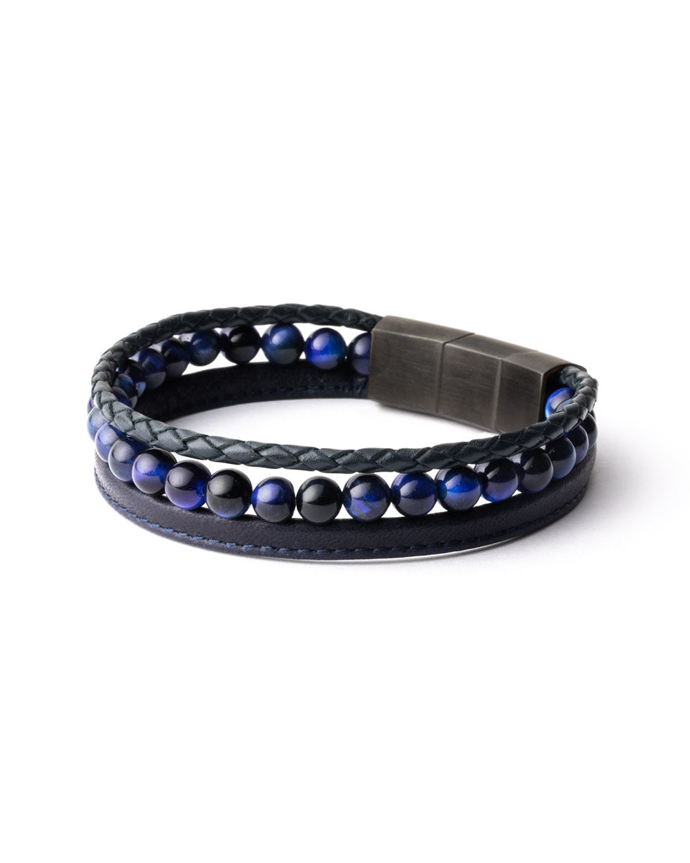 Bracelet Triple Cuir & Pierre d'Œil de Tigre Bleu